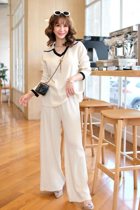 Casual Color Contrast Sweater V-neck Loose Top With Pants